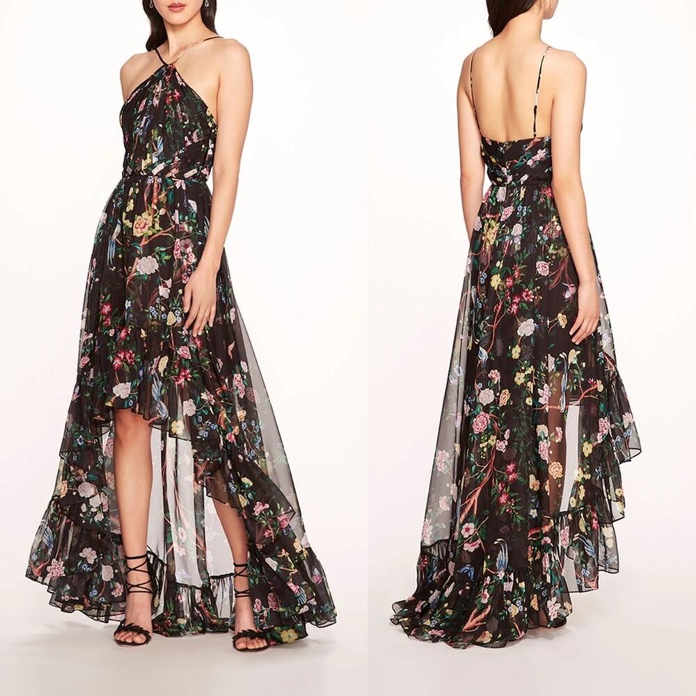 Marchesa Notte Flowering Halter Neck High Low Gown in Black Multi 0